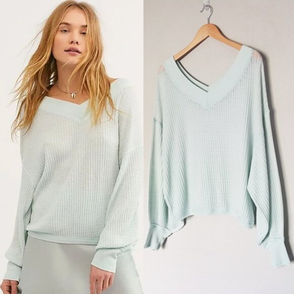Free People South Side Thermal Top S Blue Green Italian Mint Lightweight V Neck - Picture 4 of 16